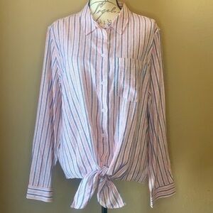PopSugar linen blend striped button down tie front shirt XXL NWT